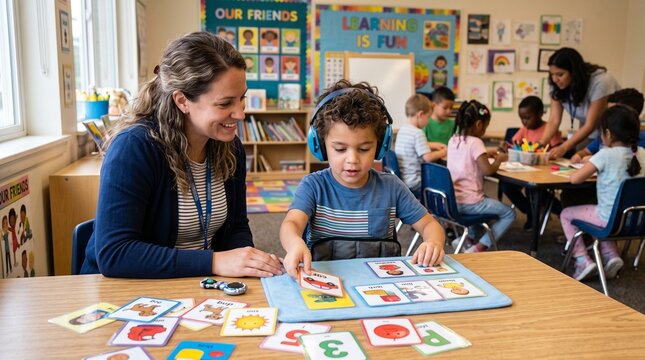 Inclusive elementary classroom education, female teacher supporting young boy with noise canceling headphones using flashcards, diverse students learning in background