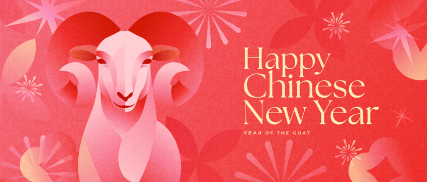 Modern Chinese New Year 2027 artwork with a stylized goat, red-pink gradients, grainy texture, abstract shapes and elegant typography. Contemporary zodiac design for cards, posters and branding.