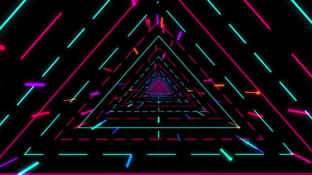 Futuristic cyber neon triangle tunnel animation loop, abstract speed light motion background.
