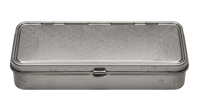 Rectangular brushed metal tin box with rounded corners and a hinged lid is isolated on a white background