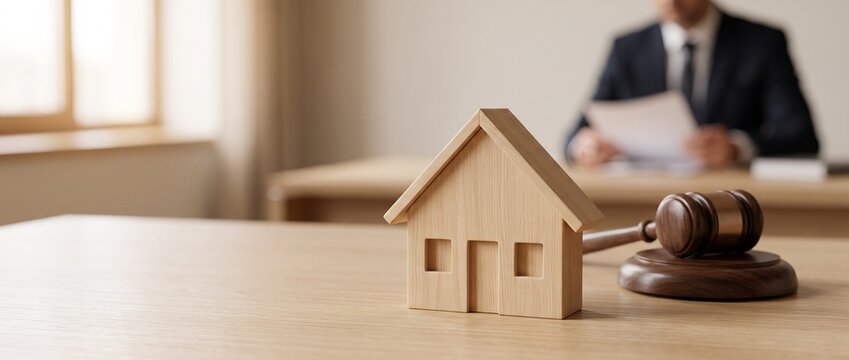 Immobilienrecht und Zwangsversteigerung: Holzhaus und Richterhammer auf dem Schreibtisch.