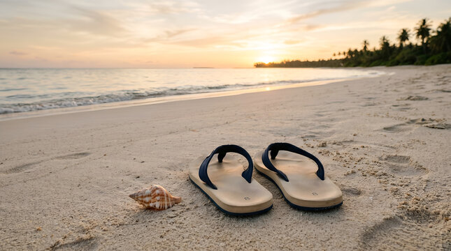 Pair of flipflops and a seashell on a tropical beach at sunset