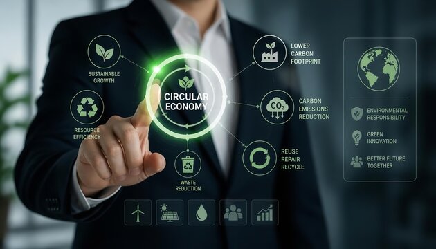 Professional businessman interacting with virtual circular economy interface showing sustainable growth concepts and carbon footprint reduction strategies in modern digital workspace