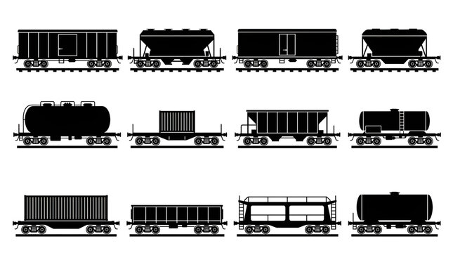 Set of Freight Train Cargo Wagons and Tankers Silhouette Icons