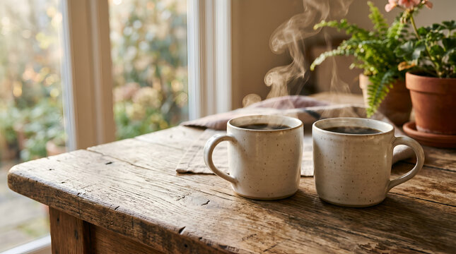 Two steaming mugs of coffee on a rustic wooden table by a window