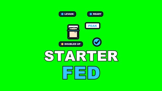 4K green screen STARTER FED animated text - flour and water go in and the levain comes up past the band, kinetic typography bakery and kitchen overlay for chef content, chroma key