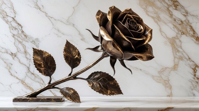Elegant bronze rose sculpture rests on white marble surface. Metal flower with detailed petals, leaves sits against luxury stone background. Artistic floral decor piece creates sophisticated