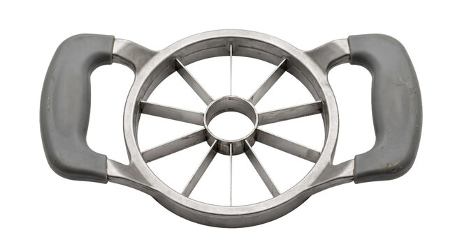Silver metal apple corer and slicer with gray handles is positioned horizontally on a clean white background