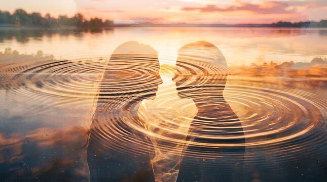 Double exposure of a couple facing each other over a rippling lake at sunset
