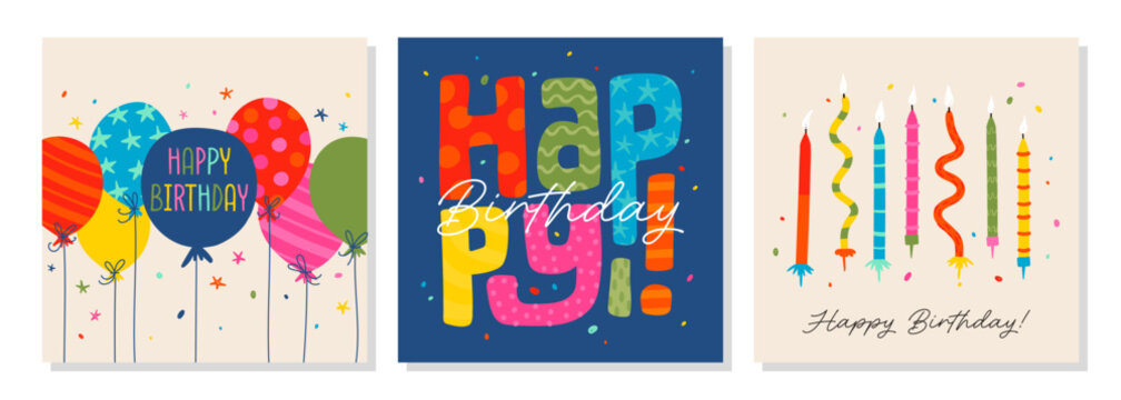Set of lovely hand drawn birthday cards with balloons and decoration, universal artistic templates