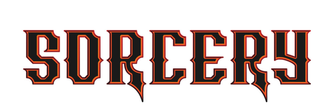 Spooky sorcery text lettering with gothic font and glowing red orange outline isolated on transparent background