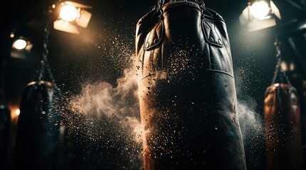 Obraz premium Leather punching bag struck with force, releasing dust in dim gym lighting. Heavy bag swings, intense action, workout energy, athletic training, raw power.