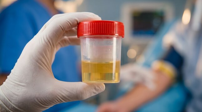 Gloved hand of medical professional holding a urine sample container for laboratory analysis in a clinic or hospital ward setting