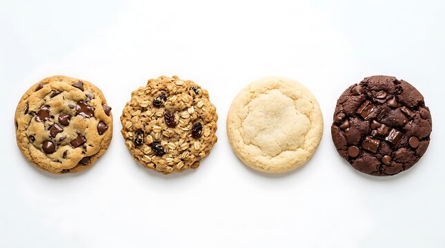 Four different types of round sweet cookies arranged in a row