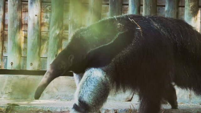 Giant anteater walks through a zoo habitat in the afternoon sunlight