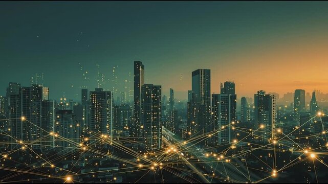 Smart digital city with connection cyber security network reciprocity over the twilight cityscape.future wireless digital city and social media networking systems that connects people within the city	