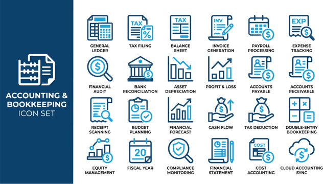 Accounting and bookkeeping icons set illustration