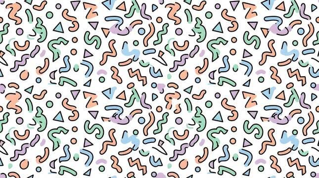 Retro Memphis style seamless pattern featuring colorful geometric shapes and playful squiggles with bold black outlines on a clean white background for vintage graphic design and creative textile
