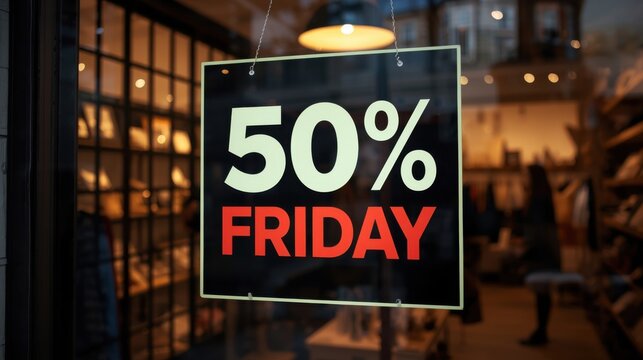 Un llamativo letrero en el escaparate que anuncia un 50 % de descuento por el Black Friday atrae a los compradores hacia una boutique artesanal de iluminaci&oacute;n c&aacute;lida