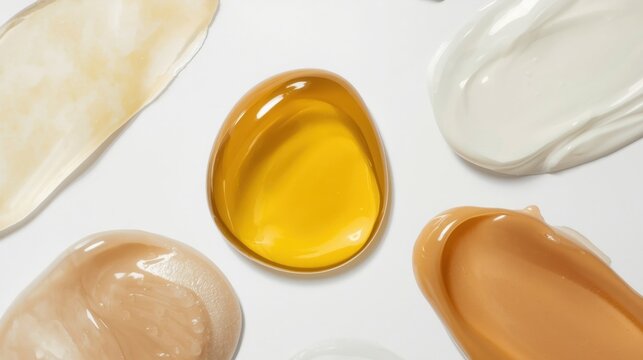 Primer plano de texturas de productos cosm&eacute;ticos, que incluye gel transl&uacute;cido, aceite brillante y espirales de crema rica