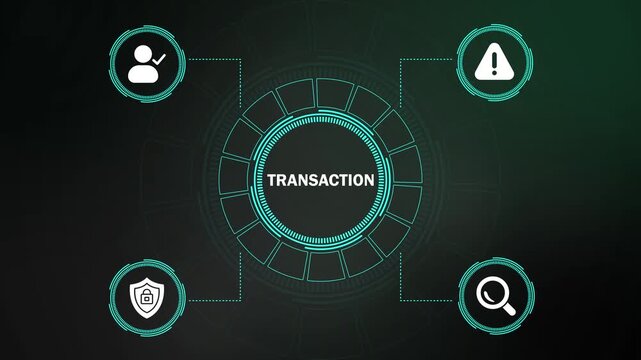digital transaction interface with icons for financial security and data monitoring. abstract technology interface for secure payment processing and monitoring.