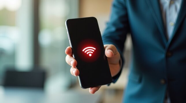 Primer plano de la mano de un hombre sosteniendo un tel&eacute;fono inteligente que muestra un icono rojo de sin wifi
