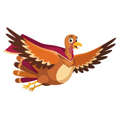 Obraz premium Cute cartoon turkey wearing a superhero cape flying through the air with wings wide open