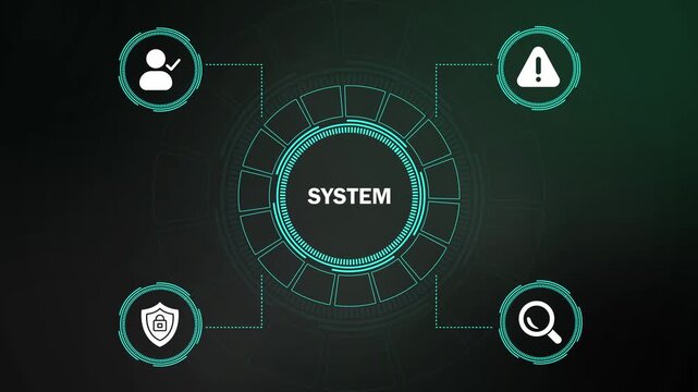 futuristic digital system interface with icons for cybersecurity and data management. digital dashboard overlay with analytical icons for technology and business software.