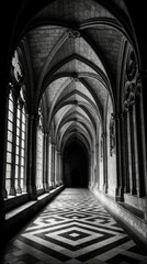 Naklejka na ściany i meble Black, white view of gothic cloister corridor with ribbed vaulted ceiling. Ancient stone monastery hallway features ornate arches, pillars, chequered floor pattern. Dark moody interior of historic