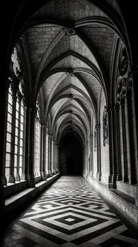 Black, white view of gothic cloister corridor with ribbed vaulted ceiling. Ancient stone monastery hallway features ornate arches, pillars, chequered floor pattern. Dark moody interior of historic
