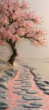 Cherry blossom tree stone pathway river landscape spring pink flower tranquil nature Cherry blossom tree over stone pathway