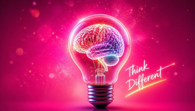 Glowing human brain inside a transparent light bulb representing creative intelligence with pink neon lighting and inspirational text visual concept