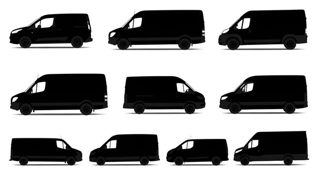 Collection of Delivery and Cargo Van Silhouettes Isolated on White Background