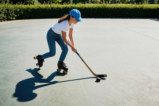 Young girl in blue cap plays roller hockey in park. She wears jeans and white t-shirt, uses stick and puck on outdoor court. Active youth enjoys sport training.