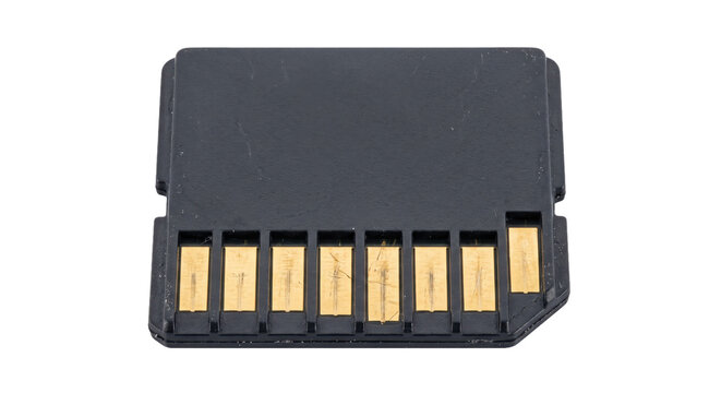 Single black SD memory card with visible gold contacts is isolated on a clean white background