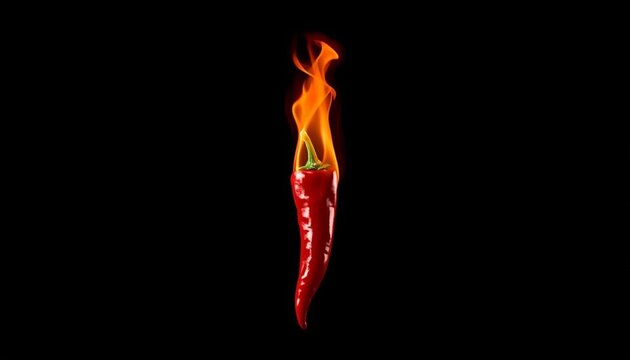 Hot red chili pepper on fire isolated on black background