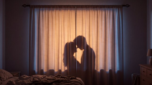 Good night love shadow of couple behind curtains in bedroom