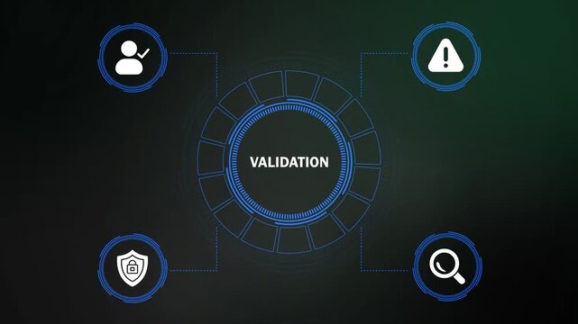 digital validation process hud animation loop for data security and authentication backgrounds. abstract tech graphic user interface for secure data processing and identity review.