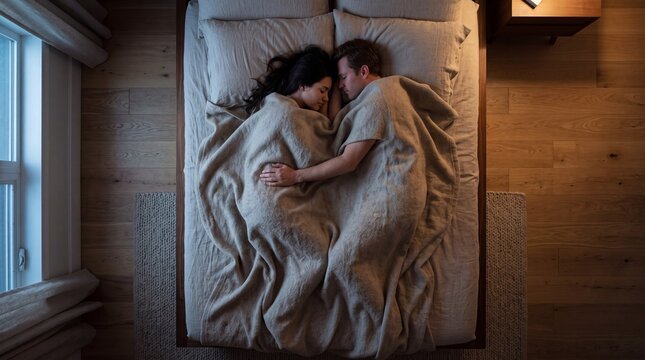 Romantic good night love scene of couple sleeping peacefully in bed