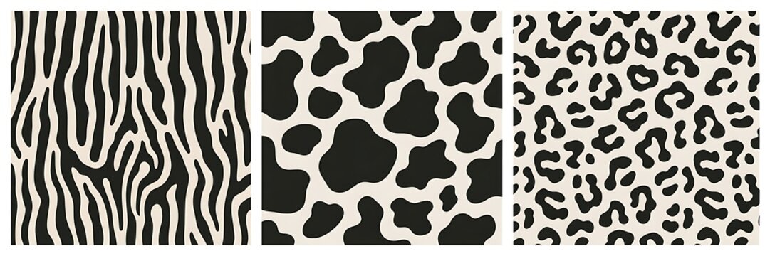 Animal skin patterns display zebra stripes and cow print spots.