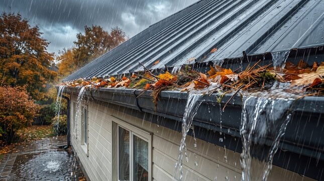.Overflowing rain gutter clogged with autumn leaves causing water to spill over house roof during heavy storm