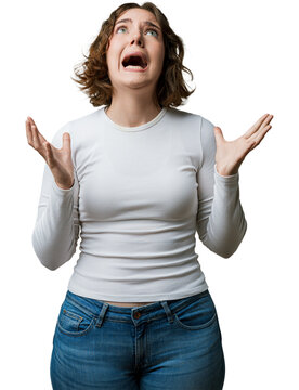 Woman casual expression, mad shouting, arms raised, crazy shout and yelling in frustration, aggressive pose against a white background