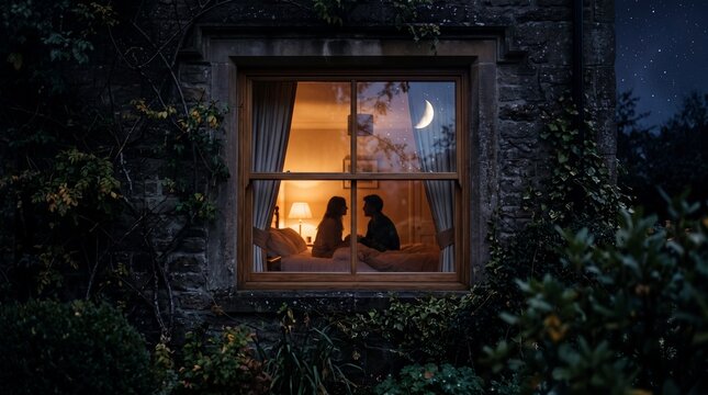 Good night love silhouette of a couple by a window under the moon