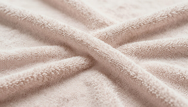 A macro shot of soft terry cloth in a delicate pinkish-beige shade, featuring deep folds that create a cozy, warm texture for a background.