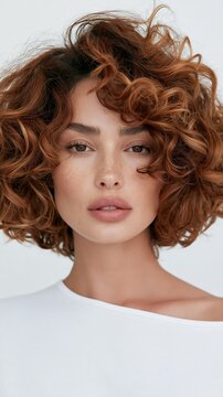Beauty portrait of woman with short voluminous curly auburn hair