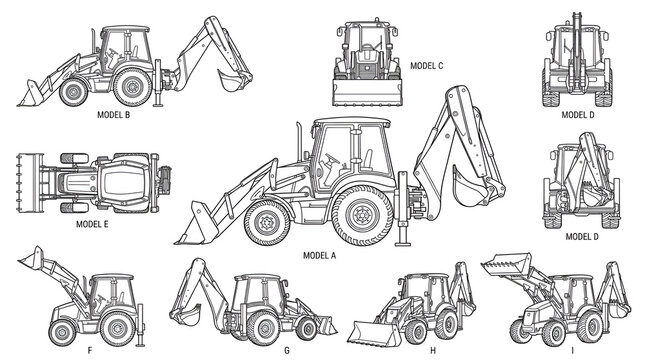 Backhoe Loader Vector Line Art Illustration Set