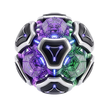 Futuristic 3D isometric cybernetic autonomous dodeca loop spatial quantum nexus core mainframe module with glowing neon laser amethyst purple plasma electric emerald green lines for user interface