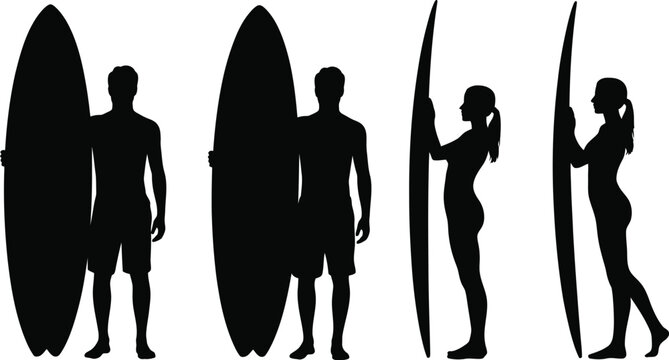 Male and female surfers carrying surfboards in different poses isolated on white background for beach sports designs