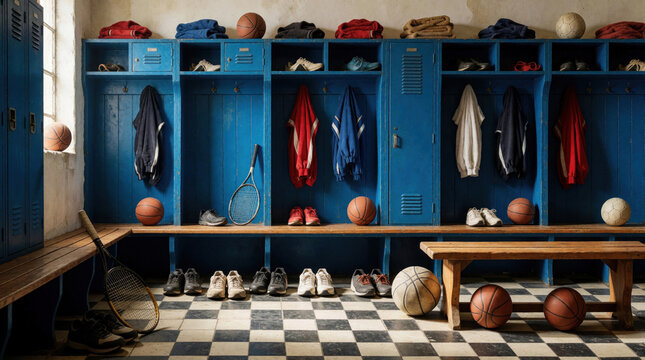 Blue locker room with sports equipment. Various balls, tennis rackets, shoes, clothes inside open lockers. Wooden benches sit on checkered floor. Interior of school gym sports club with organized