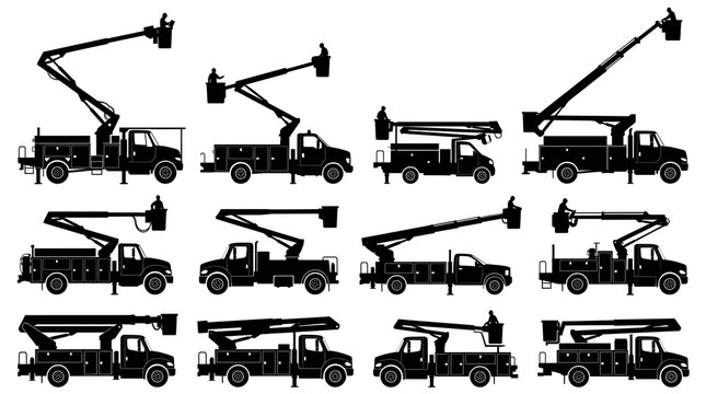 Silhouettes of Utility Bucket Trucks and Cherry Pickers Set